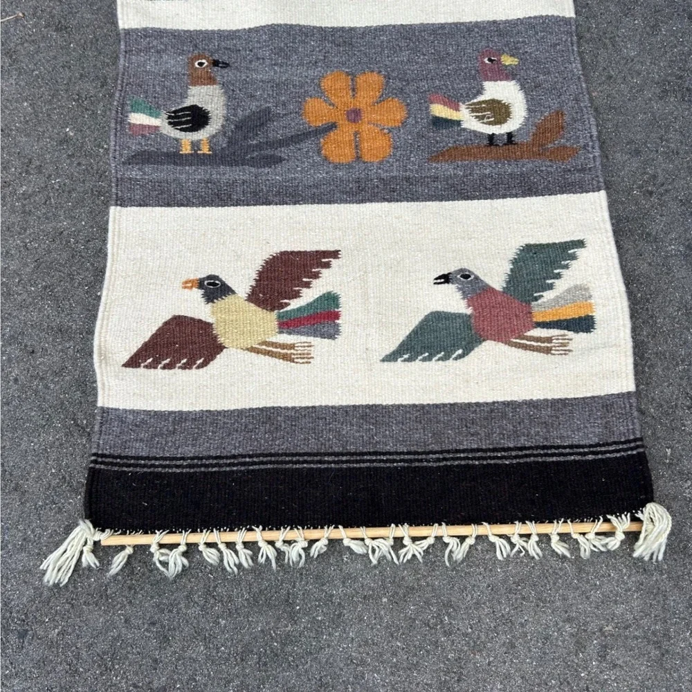 Vintage Handwoven Wool Bird Folk Art Wall Hanging Tapestry with Dowels 15x28